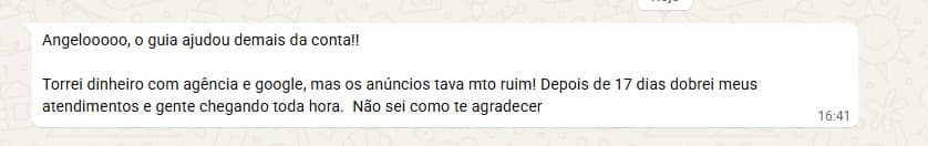 Print de mensagem de Tiago Lamas relatando que dobrou os atendimentos em 17 dias.