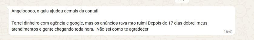 Print de mensagem de Tiago Lamas relatando que dobrou os atendimentos em 17 dias.
