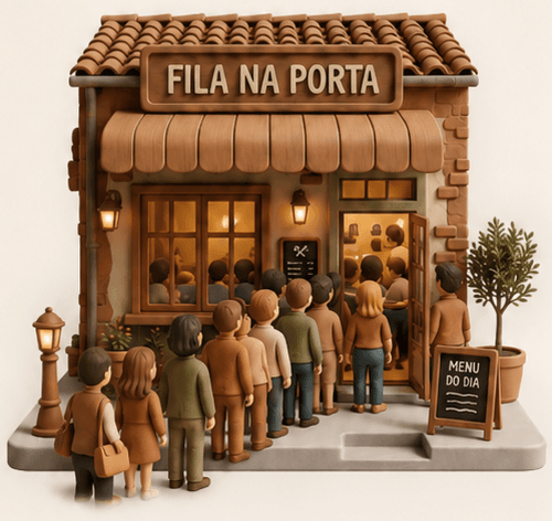 Maquete 3D de uma loja com fila na porta